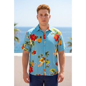 Easy Care Mens Tropical Hawaiian Shirt XL Blue Hibiscus Pineapple Palm Tree